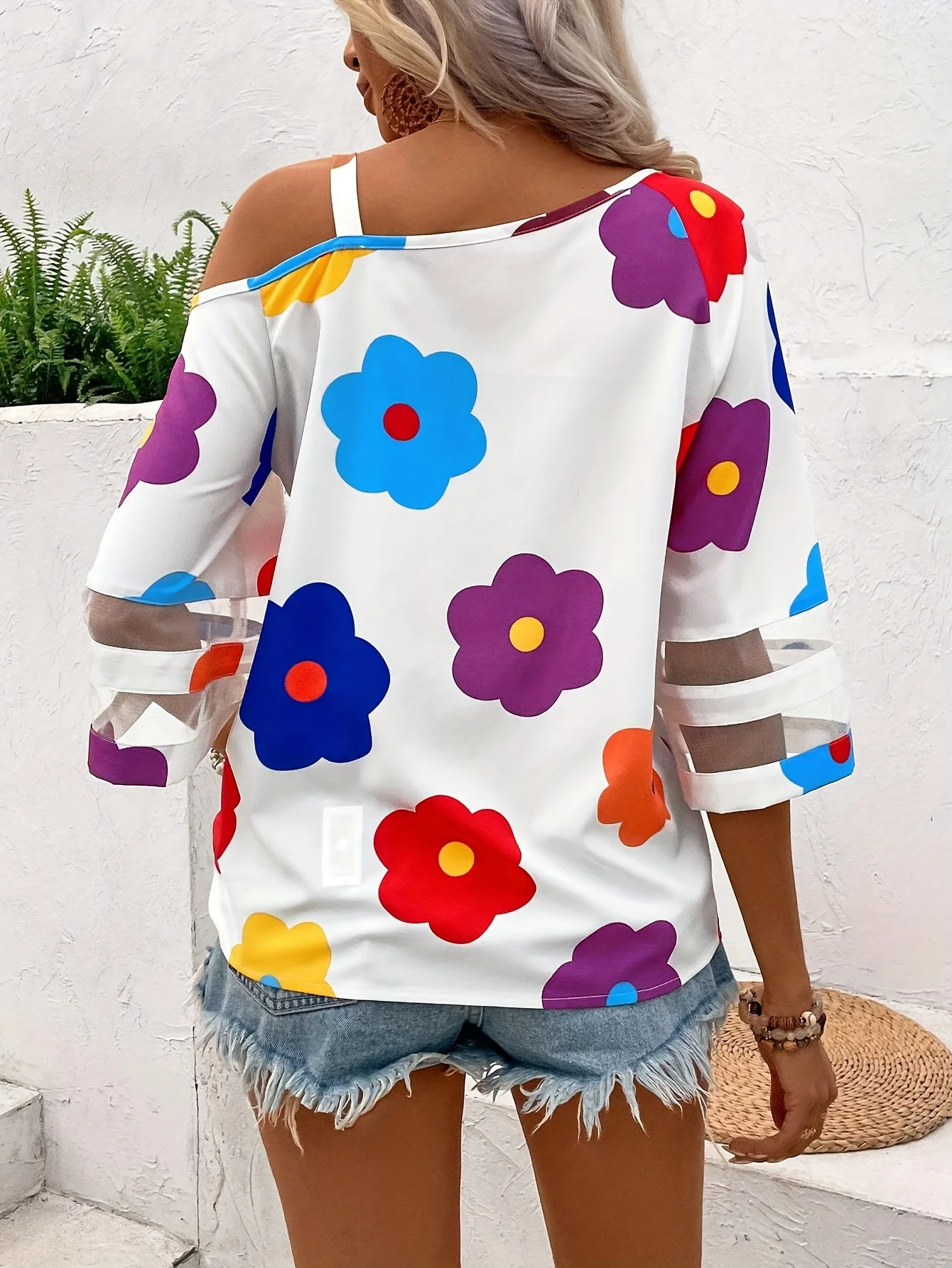 Chemise à col asymétrique pour femme, imprimé floral décontracté, patchwork en maille, décoration circulaire pour les vacances, chemisier d'été