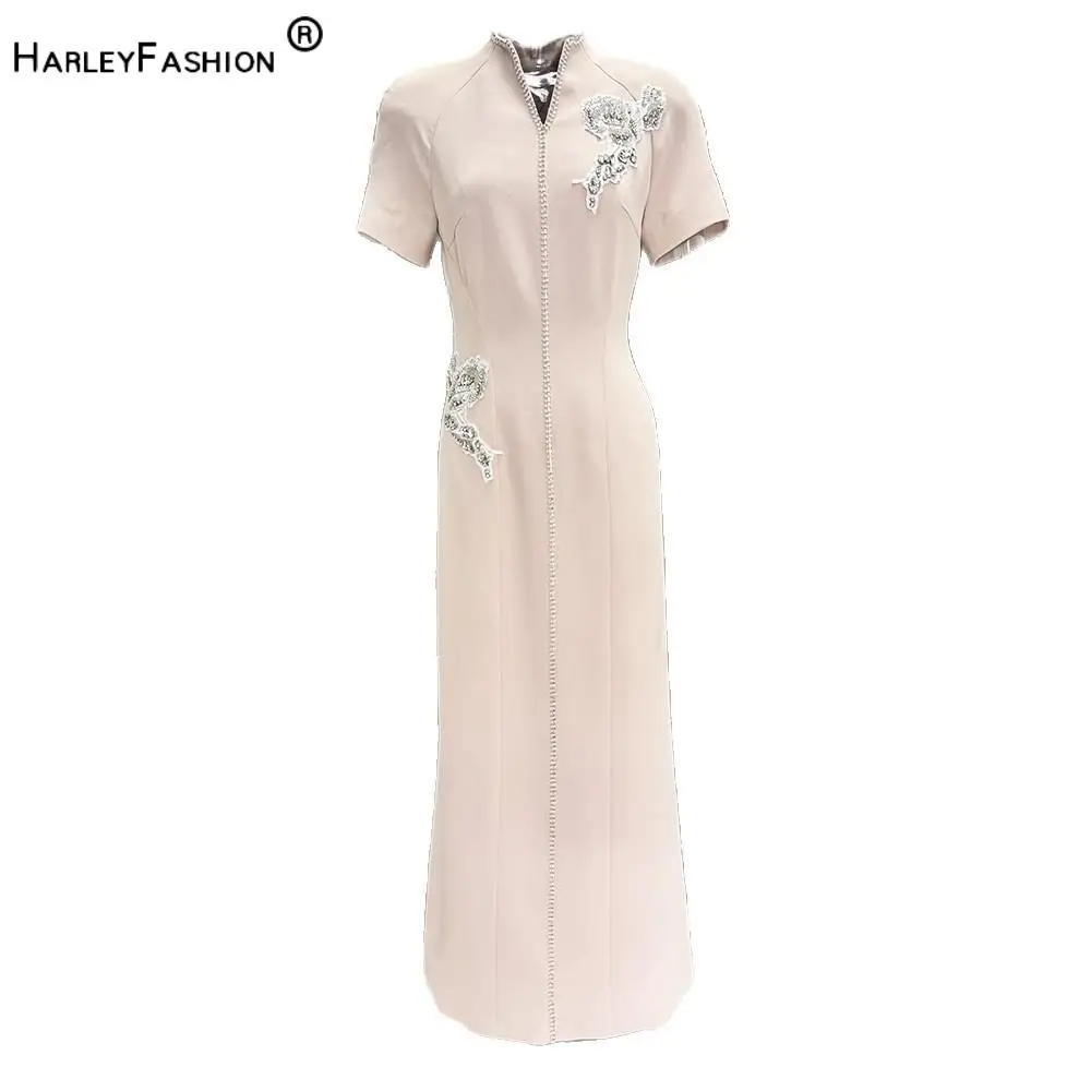 2026 Lady Fashion Fine Workmanship Rhinestone Beaded Party Wear V-neck Short Sleeve Women Midi A-line Formal Dress