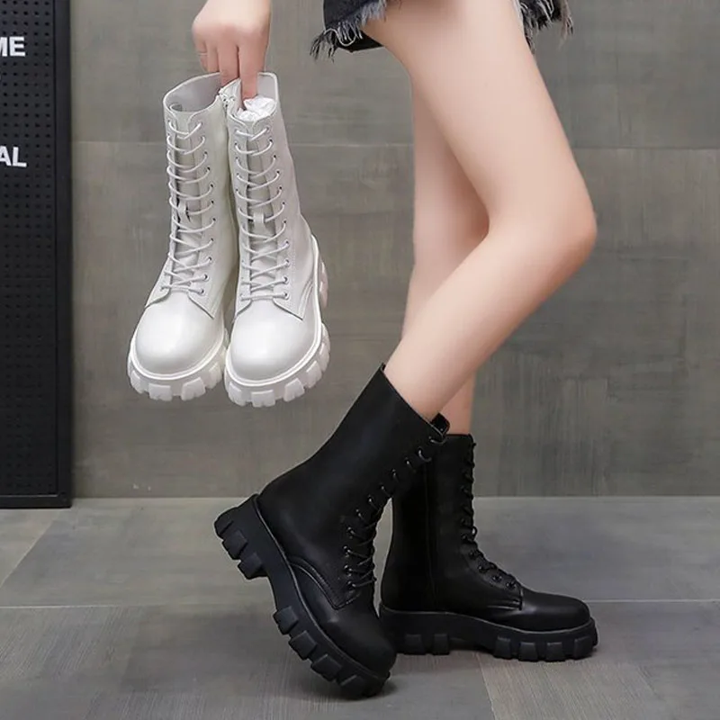 Sexy Knee-high Boots Solid Round  Lace-up Shoes for Women PU Laether Motorcycle Botas De Mujer Platform Chelsea Zapatillas Mujer