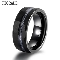 Tigrade 8mm Mens Black Tungsten Carbide Ring Aluminum Slag Inlay Hammer Pattern Groove Hammered Wedding Band Men Rings Comfort