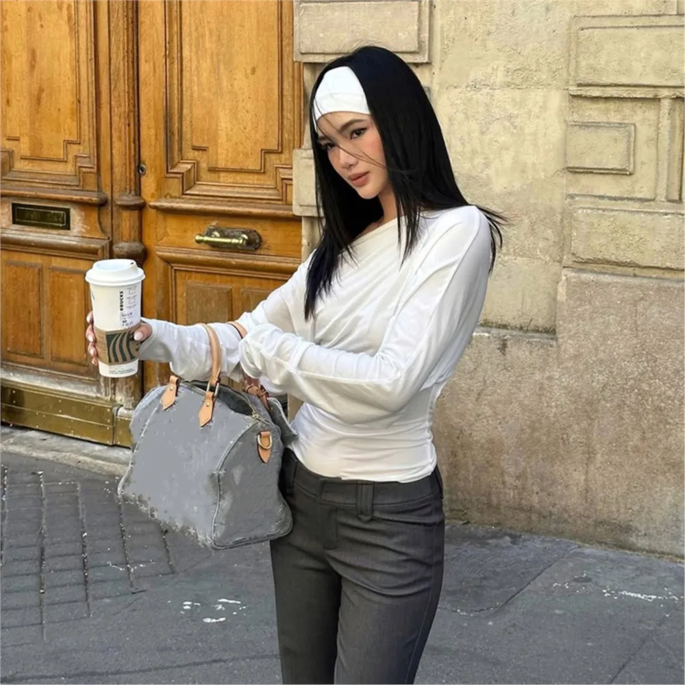 Camisetas femininas casuais na primavera outono solto cor sólida diário estilo de rua topos gola inclinada mangas compridas roupas de cintura