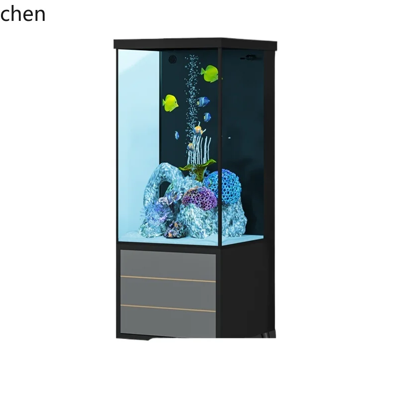 

HSN fish tank living room small square tank bottom cabinet back filter ultra-white glass goldfish tank floor