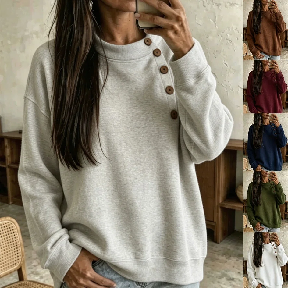 Damen-Sweatshirt mit Knopfdetails, Rundhalsausschnitt, langen Ärmeln, lockerer Passform, einfarbig, lässiger Oversize-Stil, ideal für Herbst und Winter, für den täglichen Gebrauch. – Detail 2