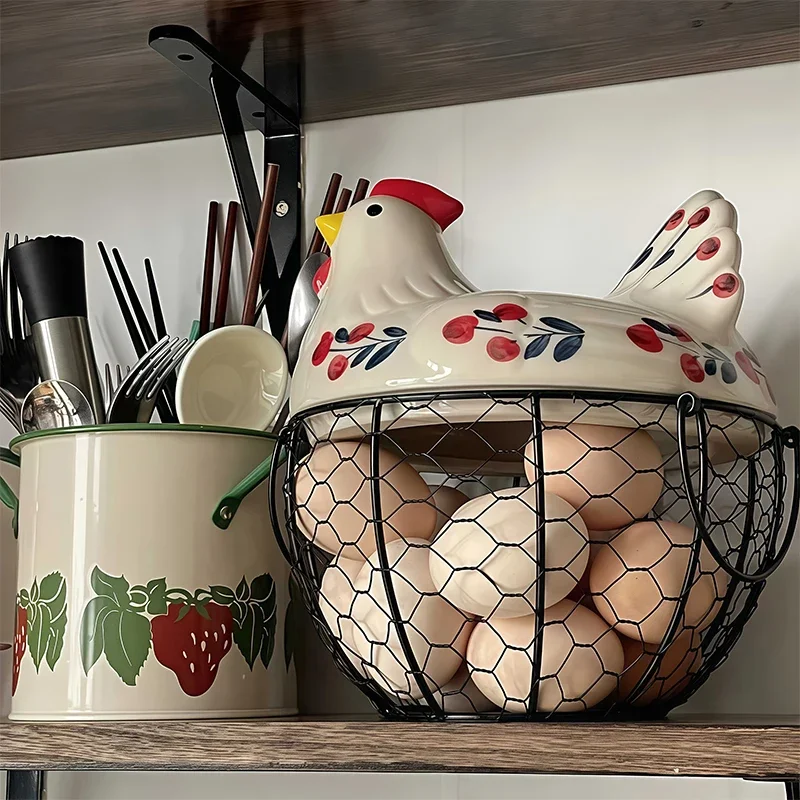 Chicken Design Ceramic Egg Storage Basket Iron Basket Holds 15-20 Eggs Egg Holder Organizer Case Container Egg Basket Holder