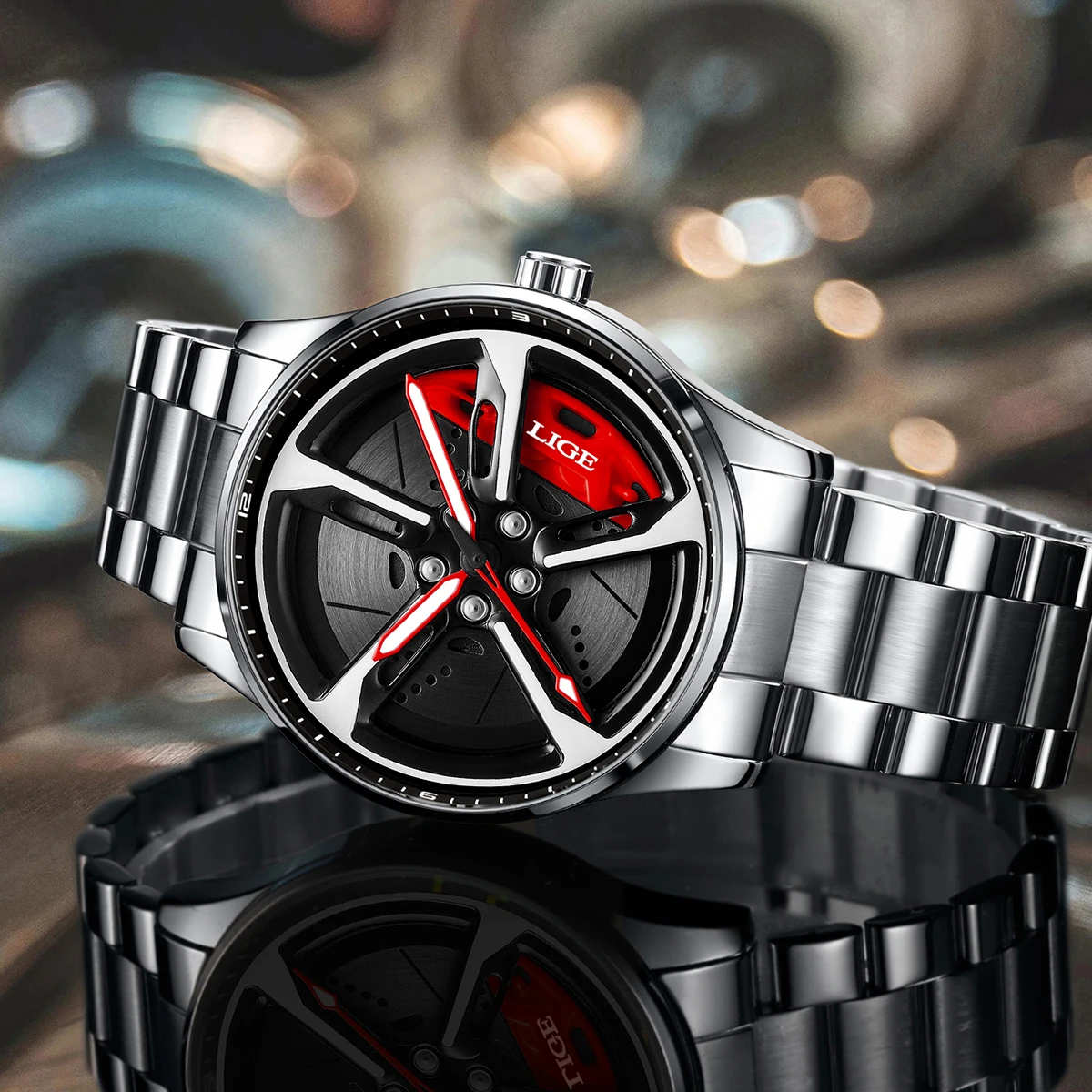 LIGE Unique Creative Quartz Man Watch Steel Band Casual Sports Waterproof Luminous Rotating Wheel Dial Watches for Men Gifts Box view 2
