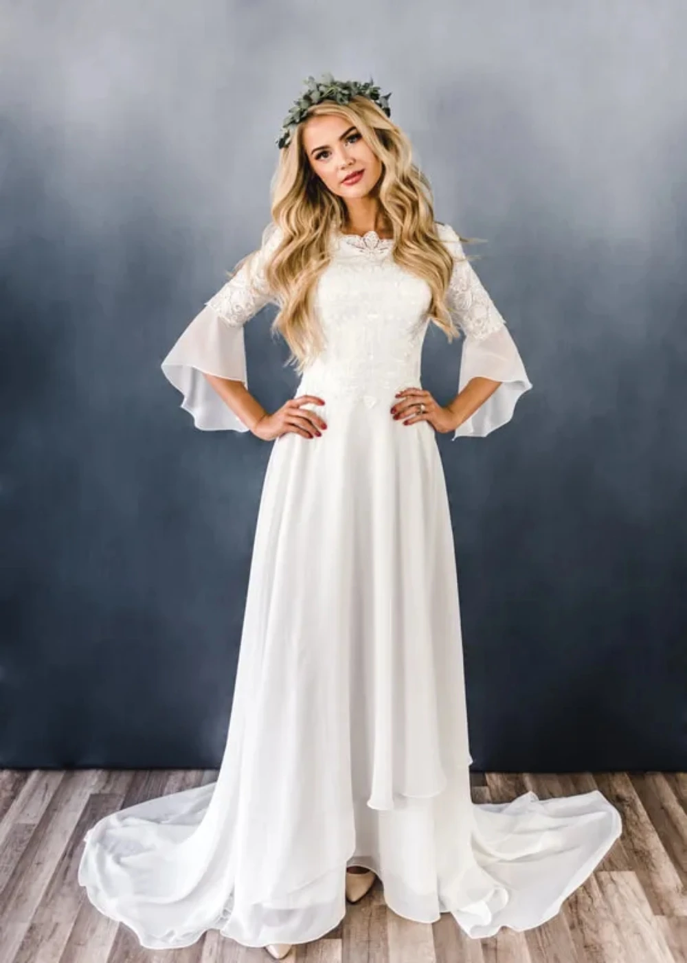 

New A-line Chiffon Lace Boho Modest Wedding Dresses With Sleeves Lace-Up Back Country Western Women Informal Modest Bridal Gowns