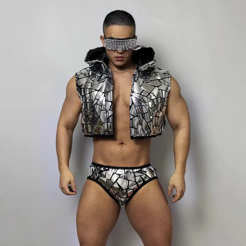 

Bar Club Party Show Rave Outfit Male Women Dancer Team Sexy Performance Stage Wear Gold Silver Laser Mirror 2 Piece Gogo Costume