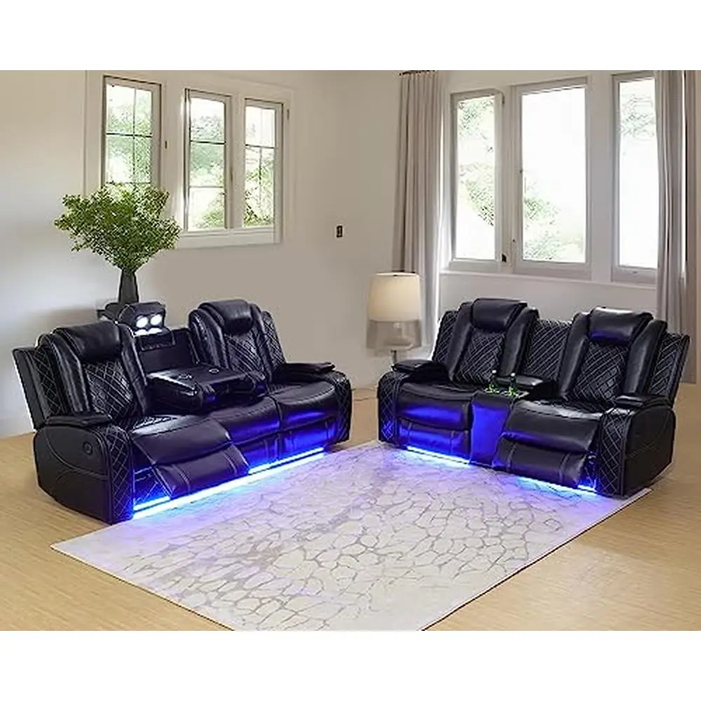 Juego de sofá reclinable de cuero eléctrico, muebles de sala de estar LED, puerto USB, portavasos, Kit de consola de almacenamiento, Kit de accesorios, bolsa