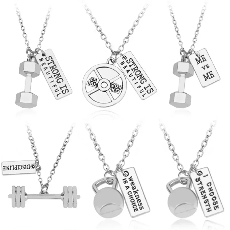 Fitness Gym Pendant Jewelry Lover Friend Bodybuilding Necklaces Men Women Sport Kettlebell Barbell Dumbbell DIY Necklace Collier