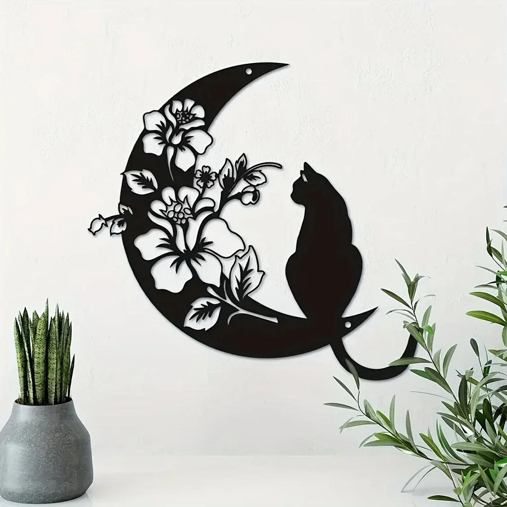 CIFBUY Cat And Moon Metal Wall Pediments, Wall Decor, Black Cat And Moon Wall Décor, Flower Wall Art Moon Phase Wall Decoration