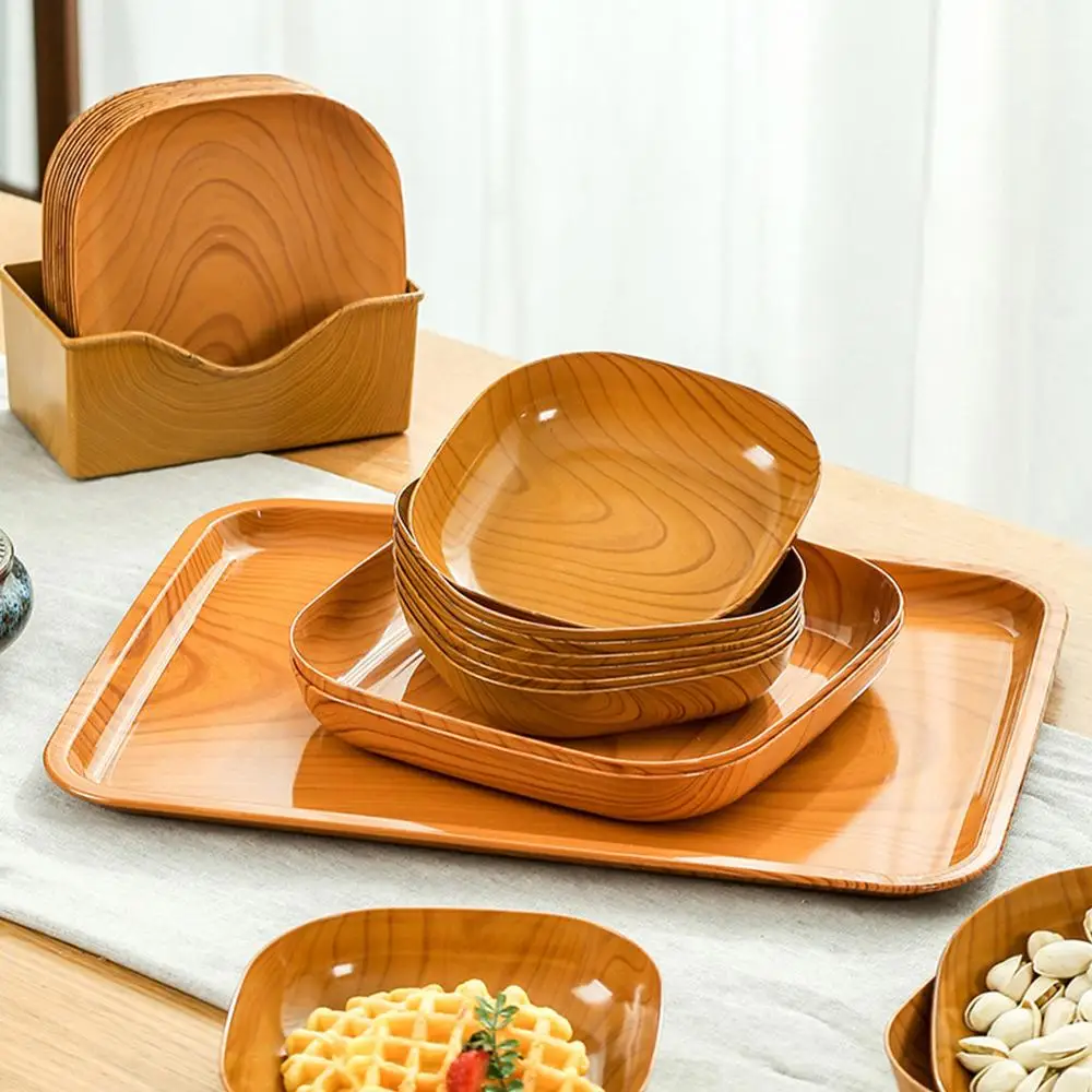 5pcs Kitchen Wood Grain Plastic Square Plate Japanese Simple Wood Grain Dish Set For Tableware Kitchen Bowl Dish Dinnerware