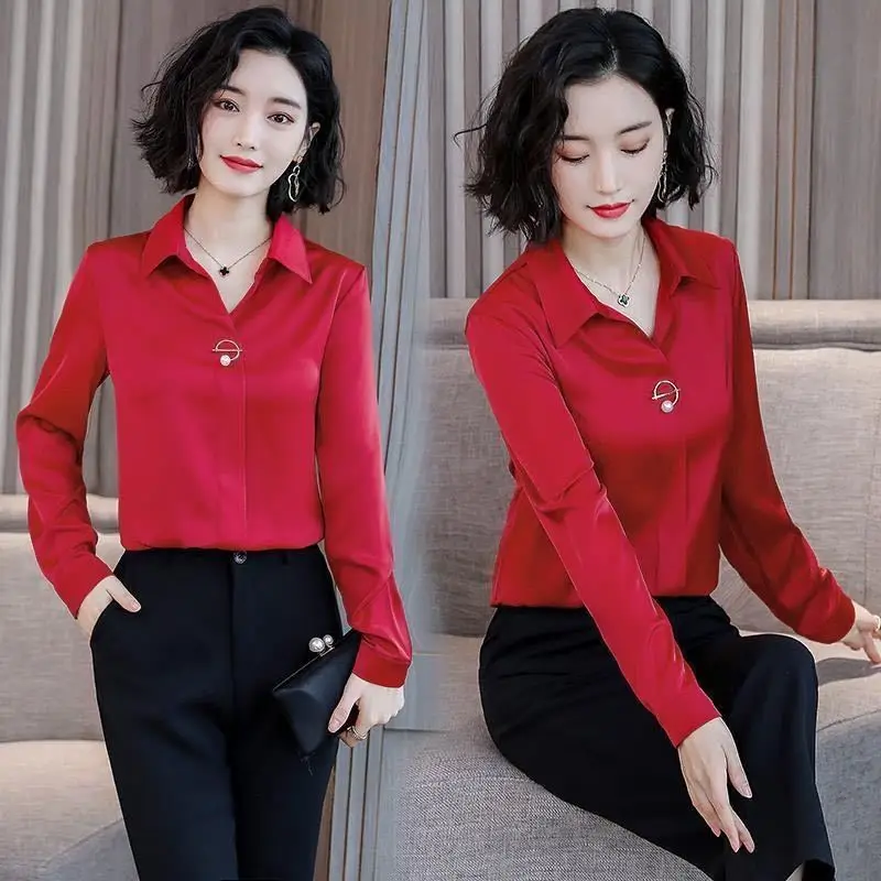 Temperament Long Sleeve Loose Blouse Spring Autumn New Solid Color Polo Neck Office Shirt Tops Elegant Fashion Women Clothing