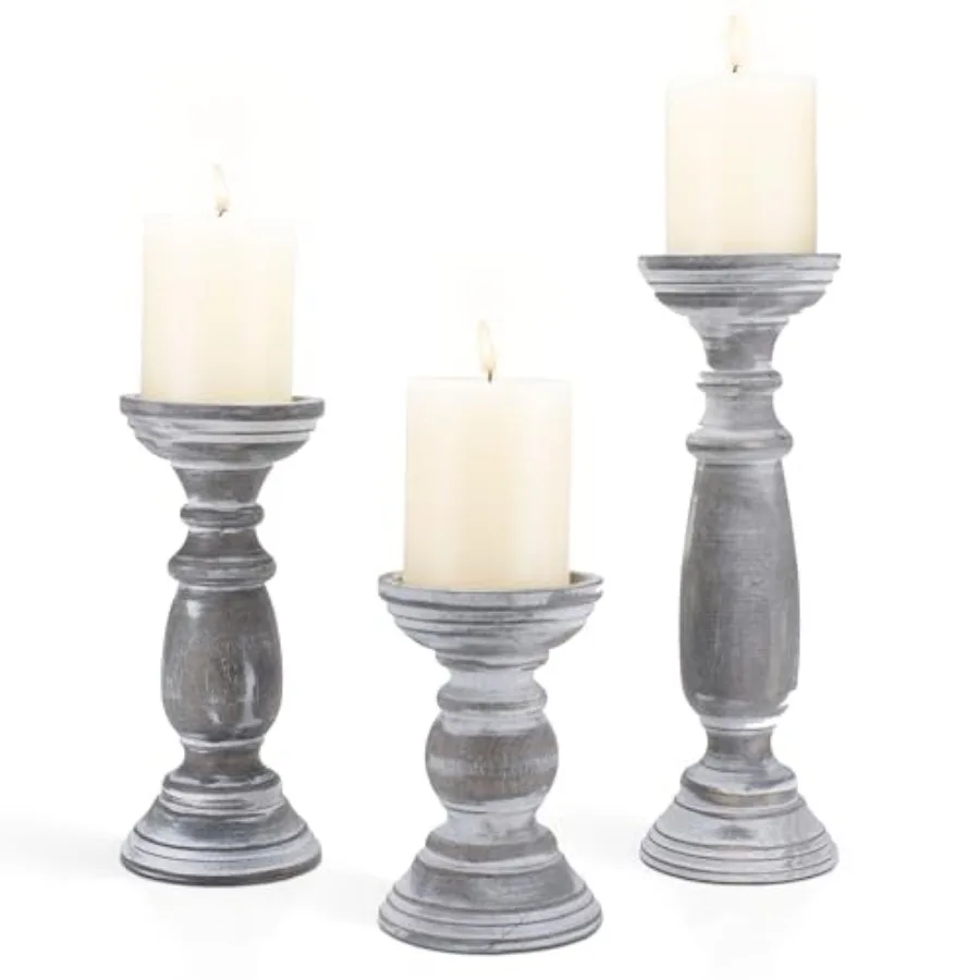 

Rustic Wooden Pillar Candle Holders Set of 3, 12'' 9'' 6'' Farmhouse Wood Candle Stand for Table Centerpieces, Vintage Tall Can