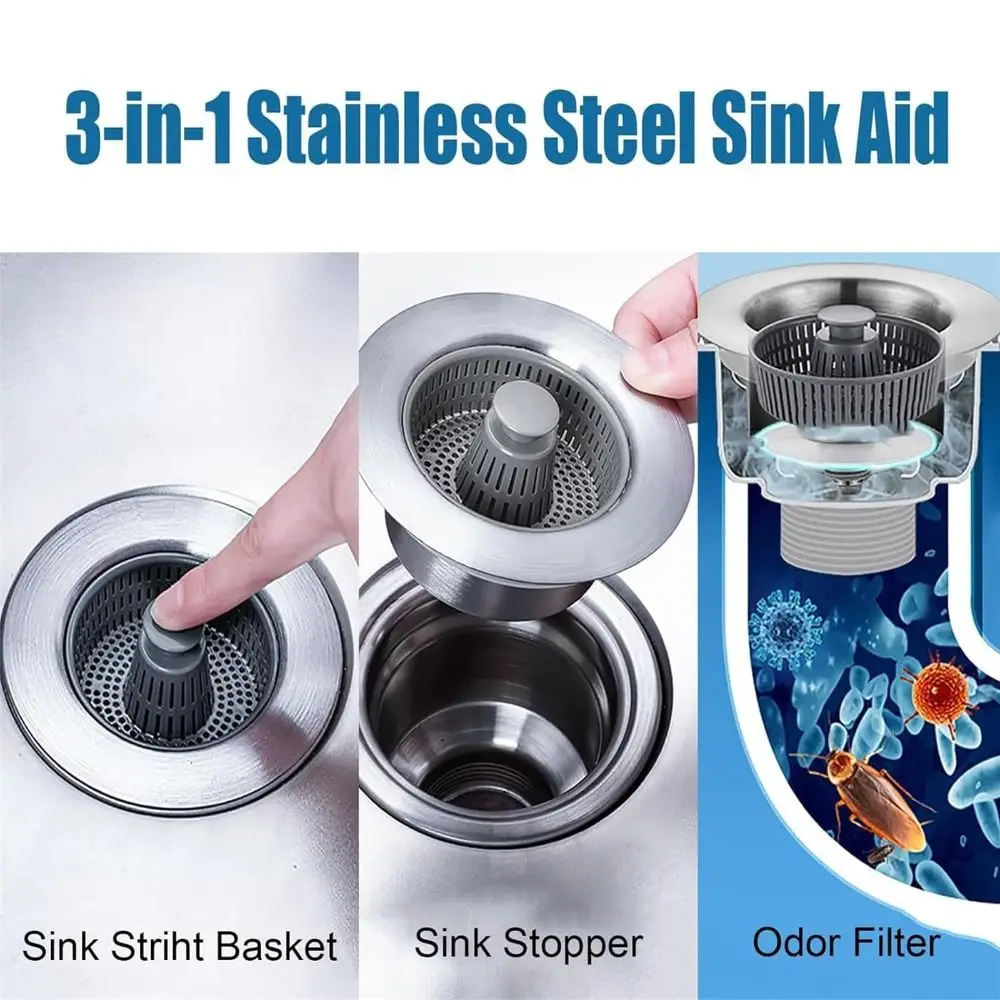 Easy To Clean 3 in 1 Filter Sink Leak-proof Plug Stopping Blockage Sink Strainer Kitchen Tool Bouncing Core Drain Basket - Image 3