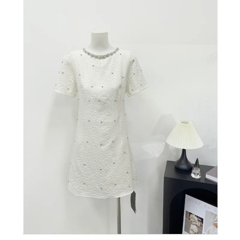 Pearl Collar Nail Drill Sweet Dress Women Summer New Small Fragrant Evening Dress Waist Slim Black White French Lady Short Dress