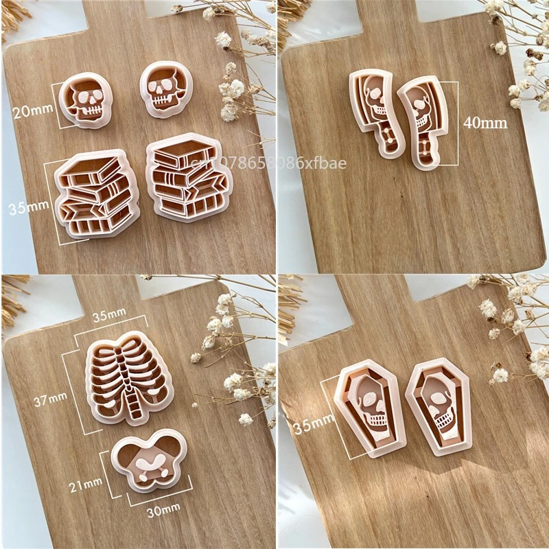 Halloween Series Polymer Clay Cutters Skull Coffin Cleaver Book Stack Skeleton Bones Rib Cage Pottery for Earring Jewelry Making