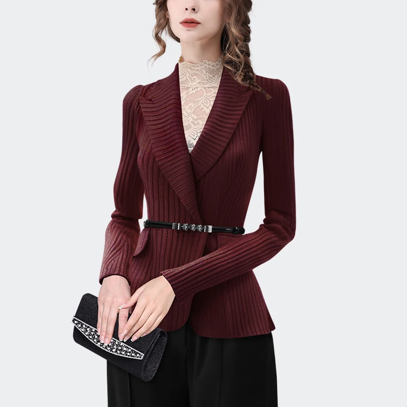 Fashion Lapel Collar Women Sweater With Belt Elegant Slim Striped Knitted Tops Long Sleeve V-neck Warm Thicken Wool Cardigans