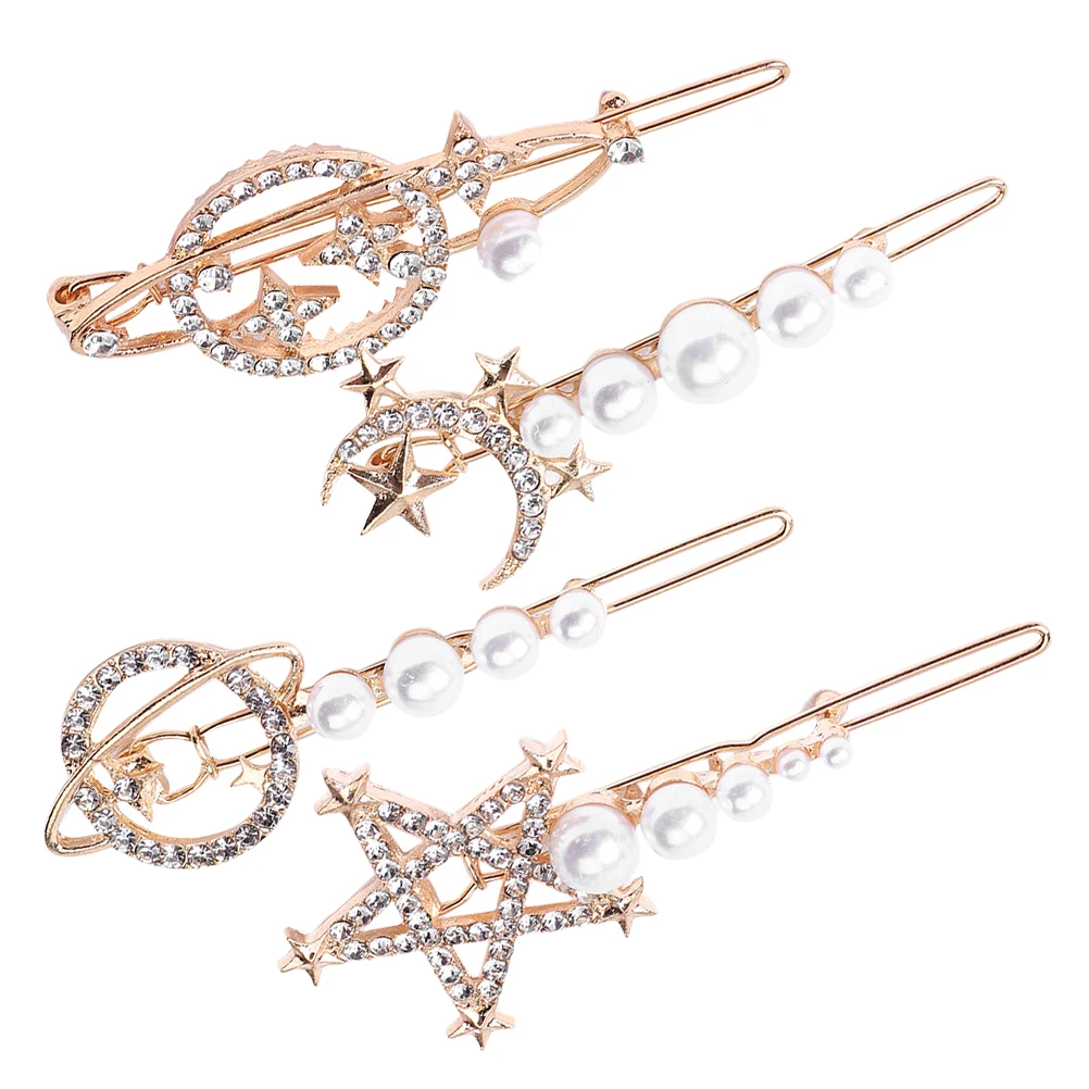

4pcs Hair Clips Shiny Rhinestone Pearl Frog Buckle Zinc Alloy Decorative Elegant Metal Hairpin For Girls Women Weddings Banquets