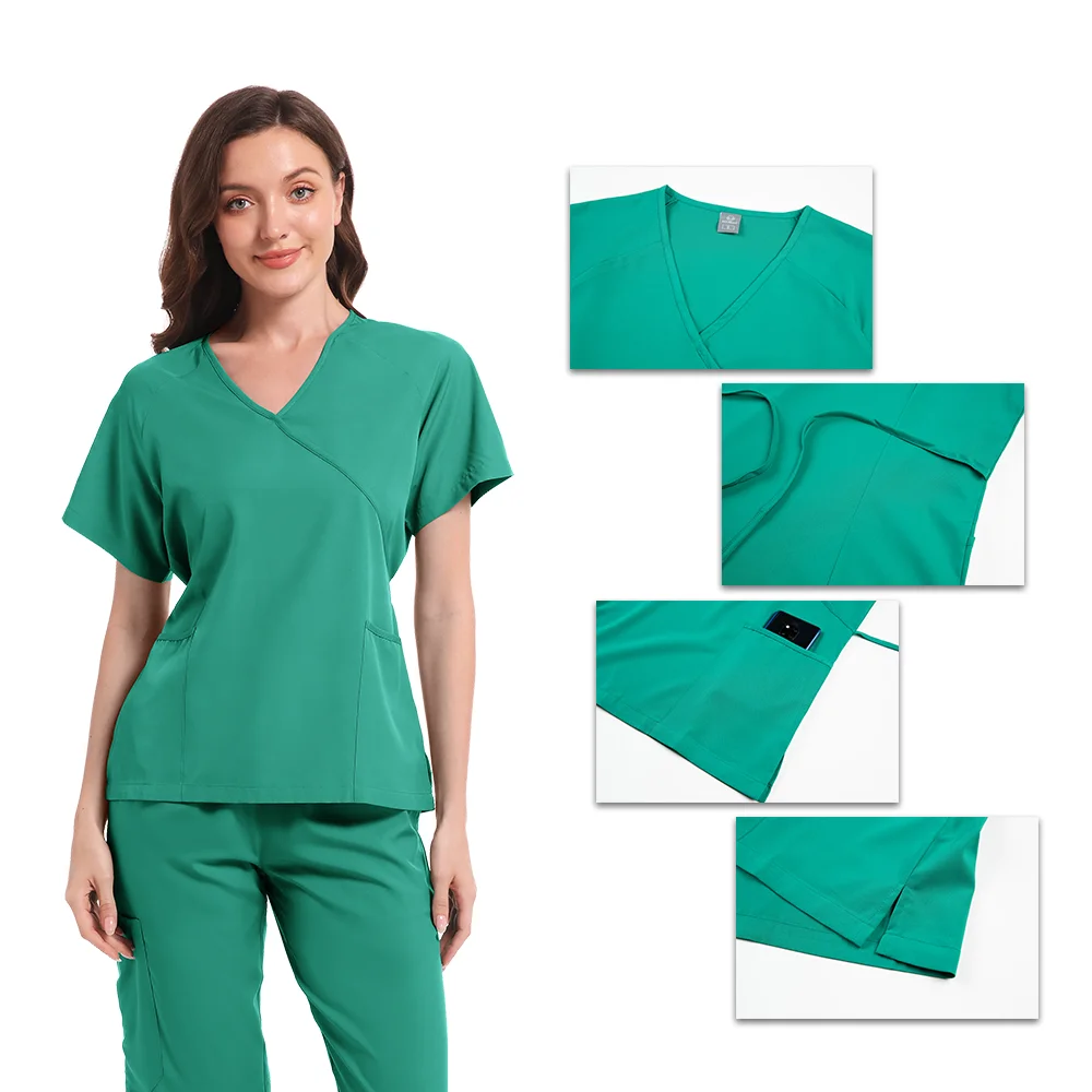 Medical Scrubs ชุดพยาบาลเครื่องแบบผู้หญิงชุดผ่าตัด V คอกระเป๋าด้านบน + กางเกงโรงพยาบาลคลินิกทันตกรรม Doctor Workwear ชุดสปา