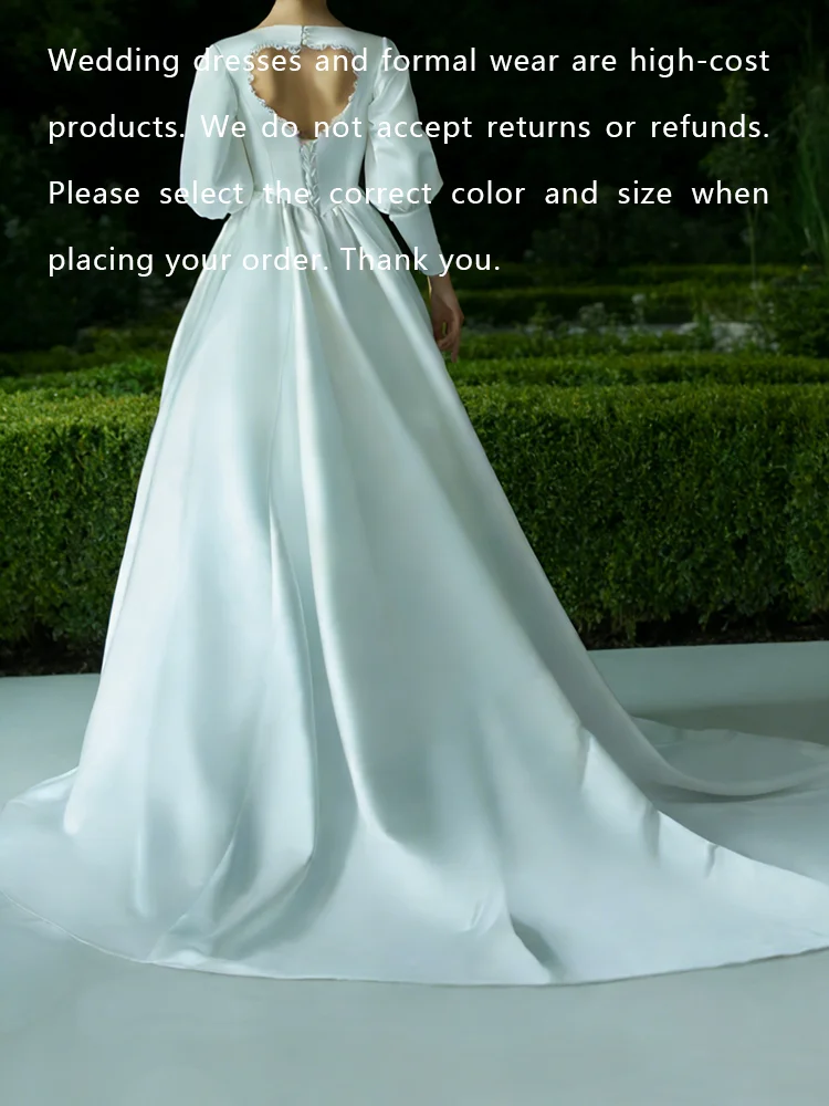 Elegant Satin Full Sleeve Lace Up Pleat Baque A-Line Bride Wedding Dresses Bridal Gowns Customized