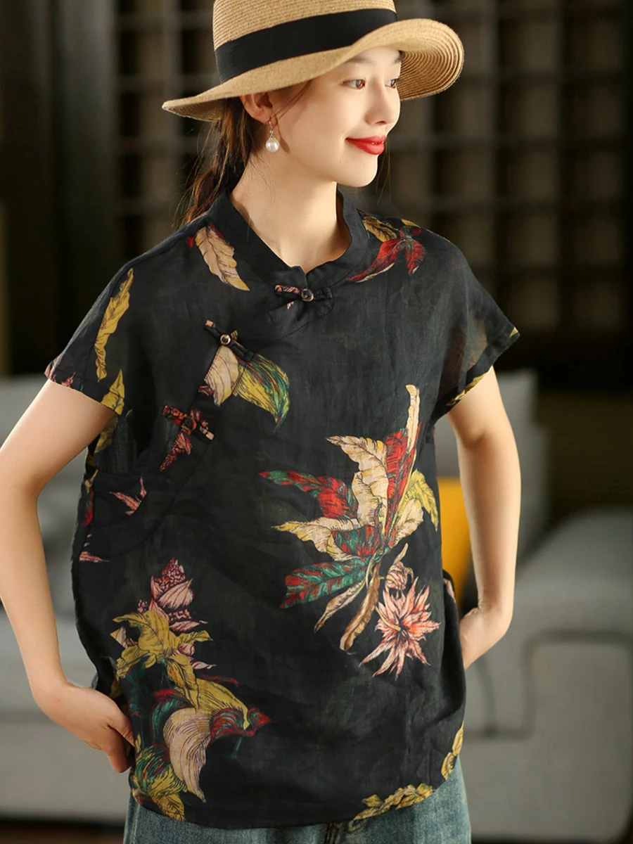 

New Chinese Sle Printed Button ort Sve irt Women's Elegance Stand Collar National Wind Slant Lapel Cotton Linen Blouse