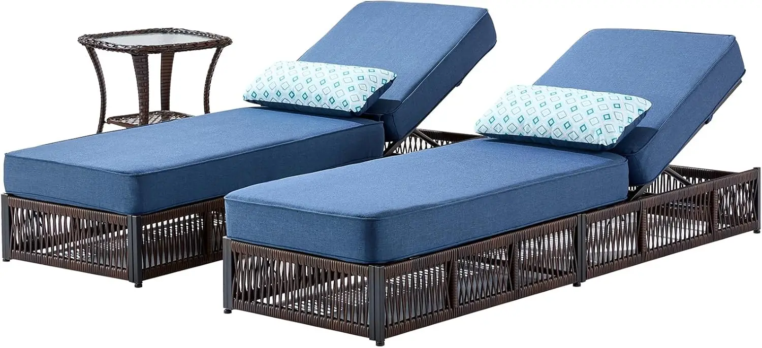 

Luxury Outdoor Chaise Lounge Chairs of 2 - 3 PCS High Back Brown Wicker Patio Recliners Lounger Furniture Set- Navy Blue