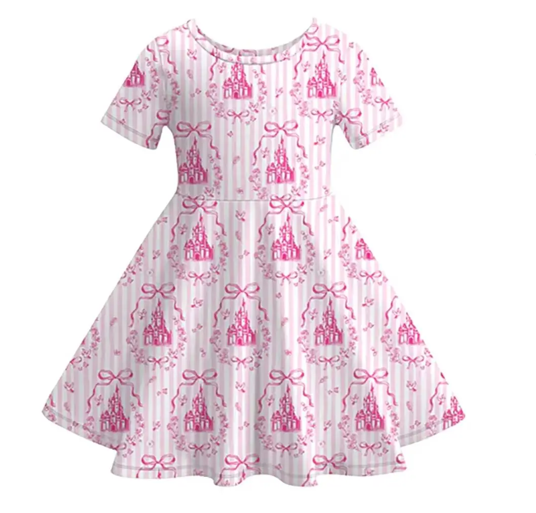 Toddler Blue Pink Castle Bow Stripe Outfit Girls Short Sleeve Twirl Dress Kids Ruffle Henley Top Skort Set