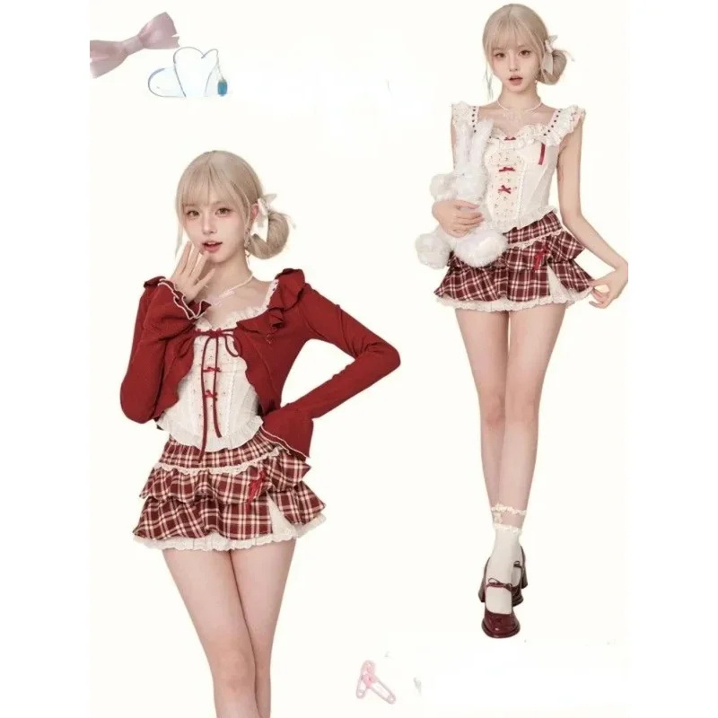 Traje de falda Vintage de 3 piezas para mujer, cárdigan Kawaii con volantes, prendas de vestir, chaleco ajustado, blusa + faldas ajustadas Y2k, conjuntos de fiesta de noche de Lolita