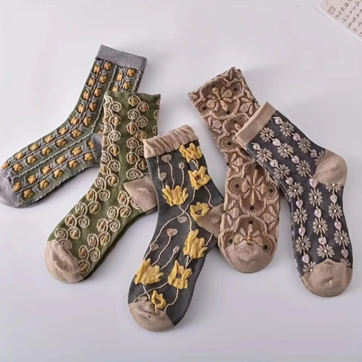 5-Pair Pack Mid-Calf Socks for Women, Embossed Ethnic Style Design, Comfortable and Breathable Socks