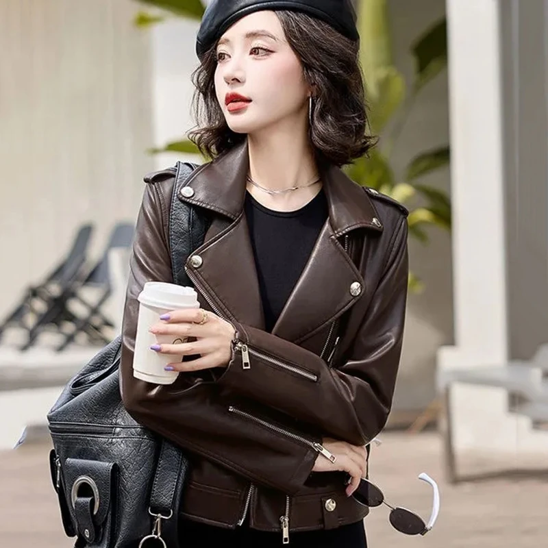 Casual Elegant Outerwear Female Top Women The Belt Fashion Pocket Faux Leather Lapel Solid Color Zipper Soft Quality Jacket