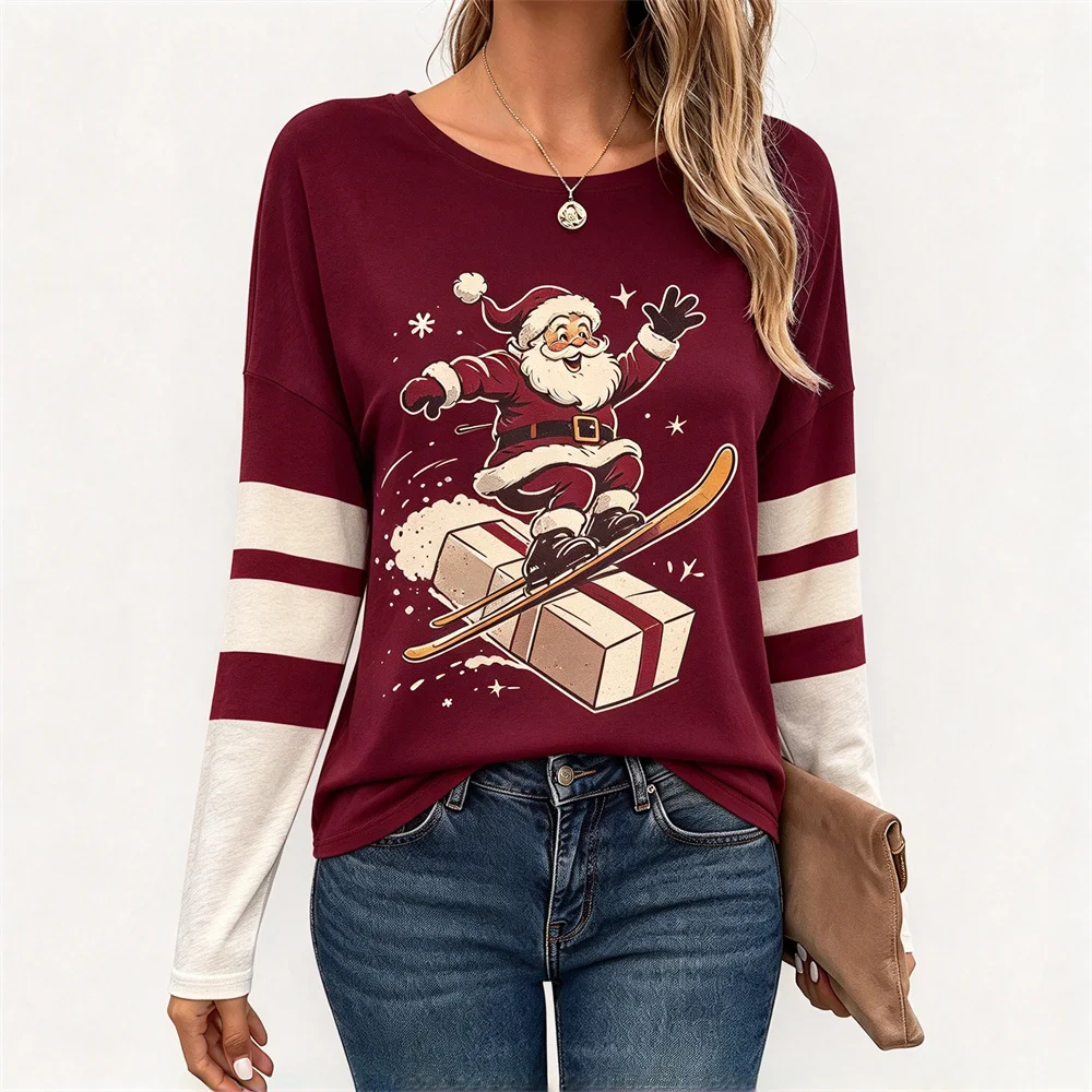 Women Xmas Santa Long Sleeve Plaid Stripe Splice Tops Christmas Holiday Casual Pullover Cute Santa Pattern Ladies Party T-shirts
