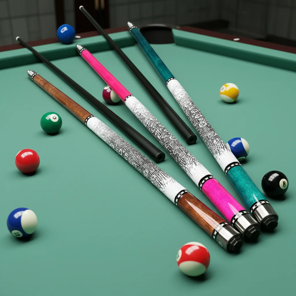 

High quality billiard cue with leather grip, stainless steel joint, 58 inches, 12.5mm tip, perfect for clubs.