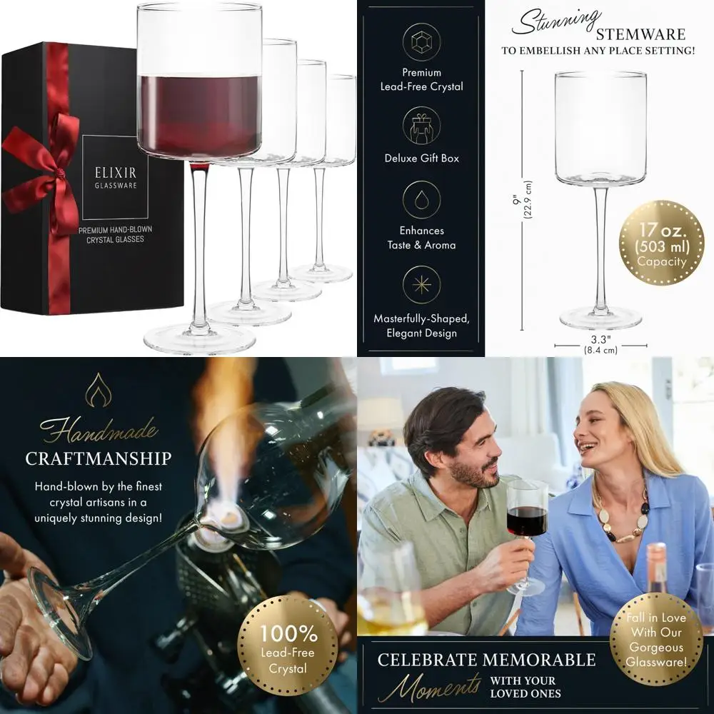 

Большие хрустальные бокалы для вина ручной работы, 17 унций, набор из 4 квадратных бокалов для красных и белых вина — коллекция стеклянных посуды премиум-класса