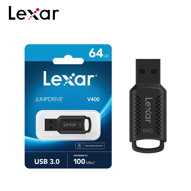 محرك فلاش Lexar USB 3.0 V400 64GB محرك أقراص فلاش أسود للكمبيوتر حتى 100 ميجابايت/ثانية قرص ذاكرة U