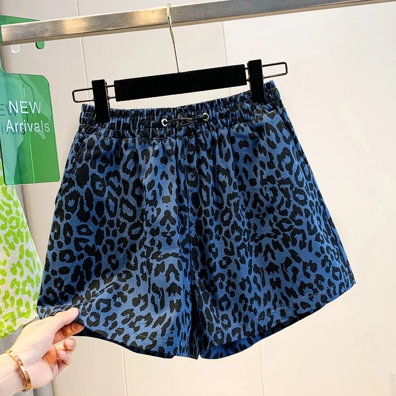 Summer Wide Leg Pantsalone for 2026 New Loose Plus Size Beach Vacation Style Leopard Print Denim Shorts Casual Jeans Shorts KE53