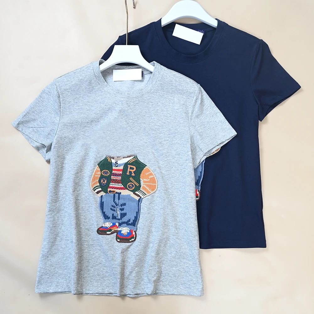 

Summer New Women's Cartoon Pattern Cotton Embroidered Letter round Neck Slim Fit Short Sleeve T-Shirt Fashionable Casual Top