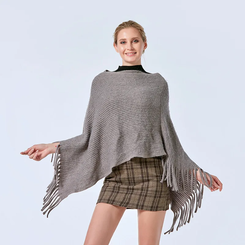 

2022 Spring Autumn Shawl Women Cloak European American Elegant Solemn Coat Sweater Lady Poncho Capes Tassels Female Gray