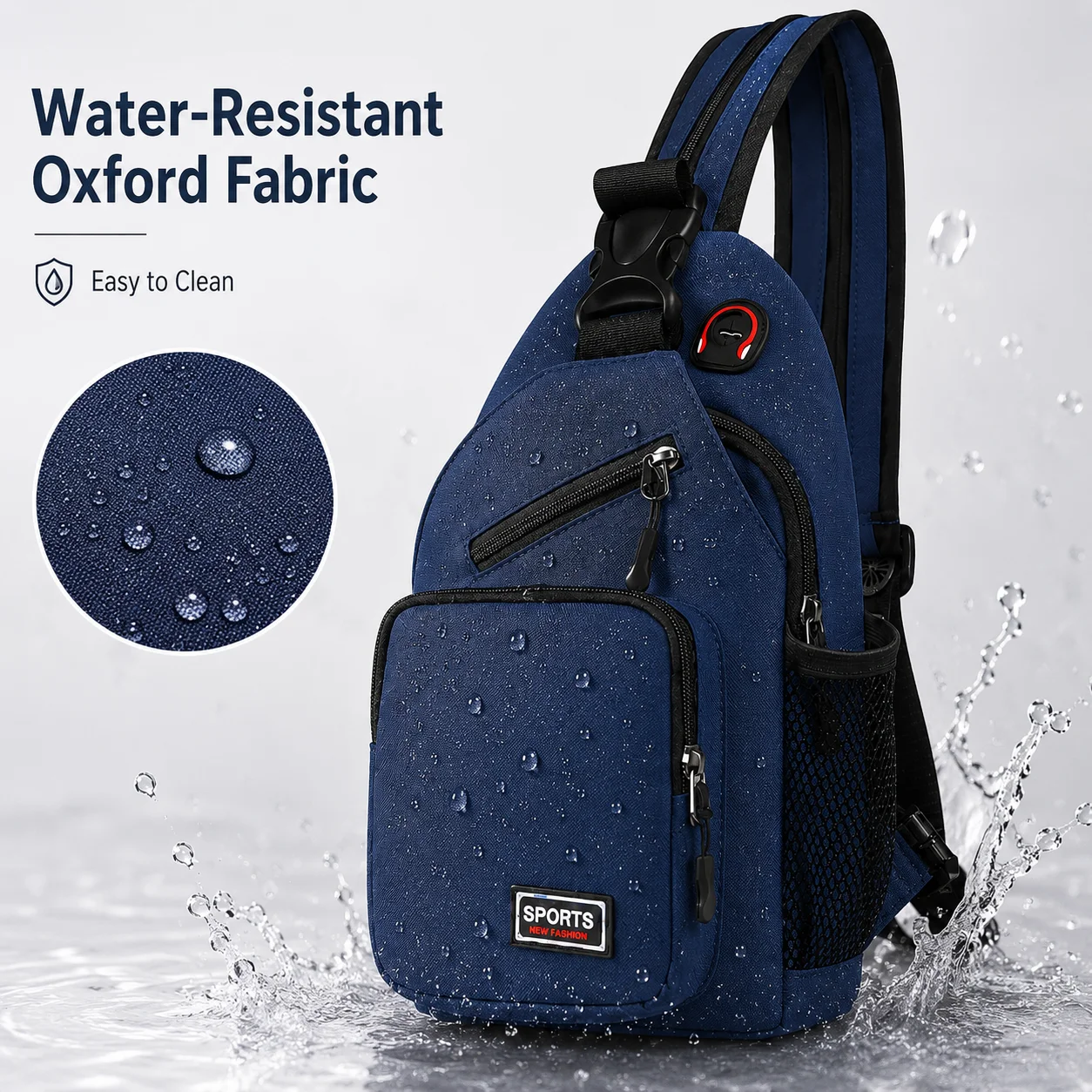 Water Resistant Oxford Sling Backpack Lightweight Crossbody Chest Bag with Multi Pockets Side Mesh Pocket for Travel Hiking Cycl