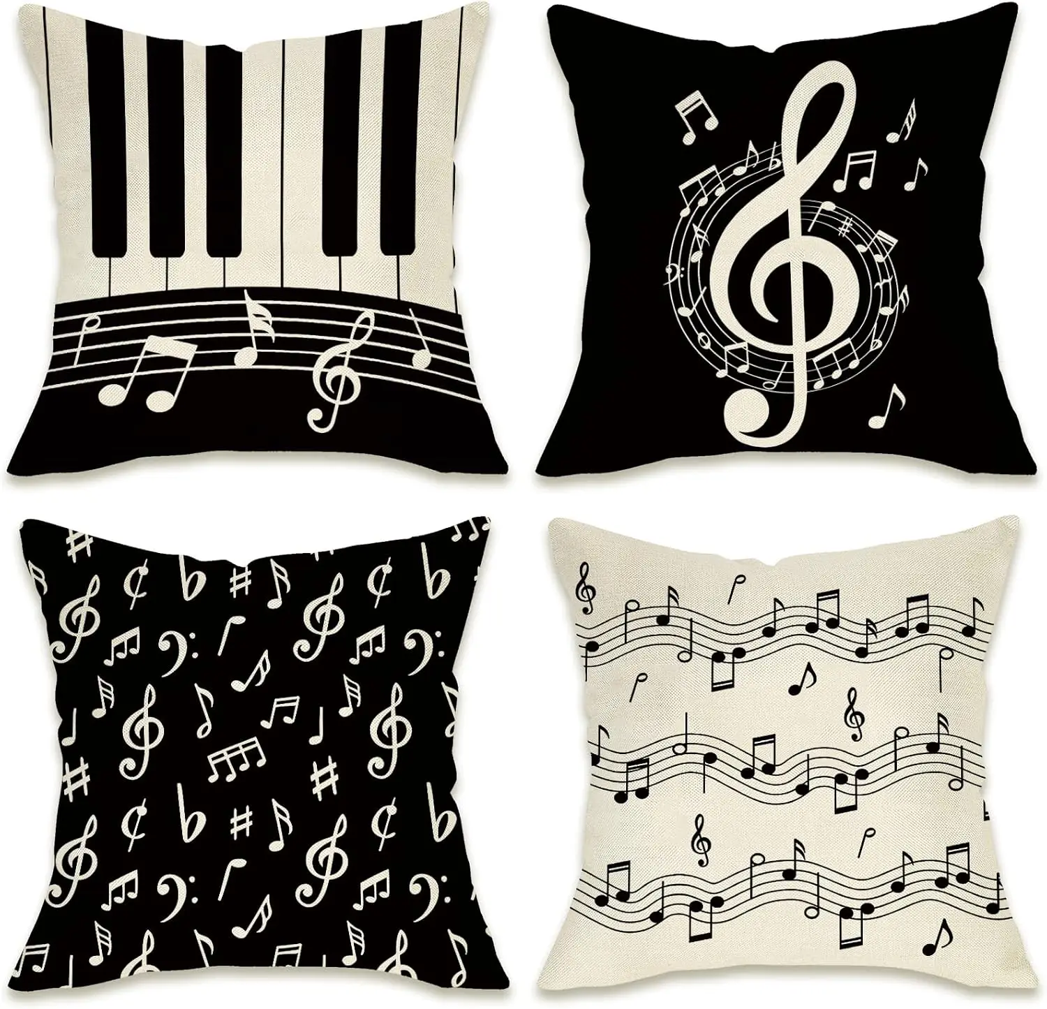 4PCS Music Theme Throw Pillow Covers Set Jazz Notes Clef Keyboard Art Polyester Cushion Decor for Bedroom Living Room Gift