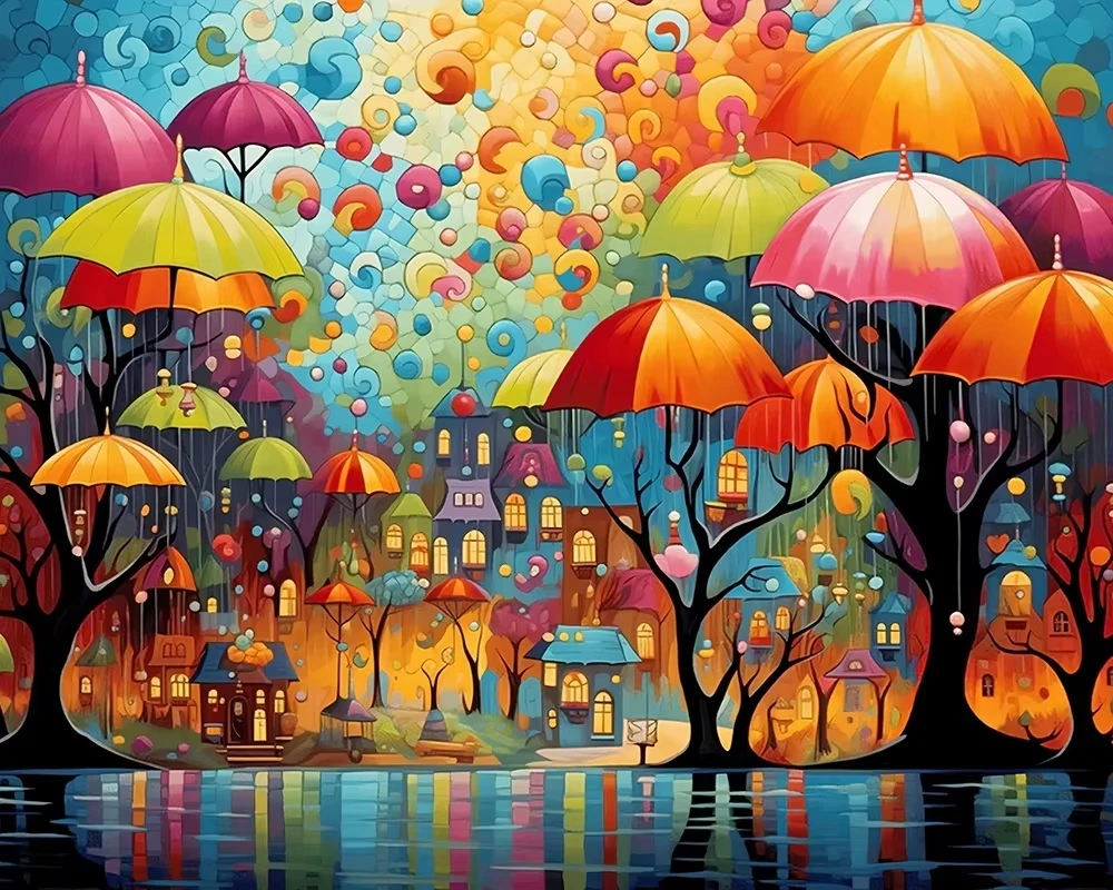 DIY Colorful Umbrella Tree Fantasy Small Town Water Reflection Jigsaw Puzzle,Wall Art Picture For Living Room Home Decor