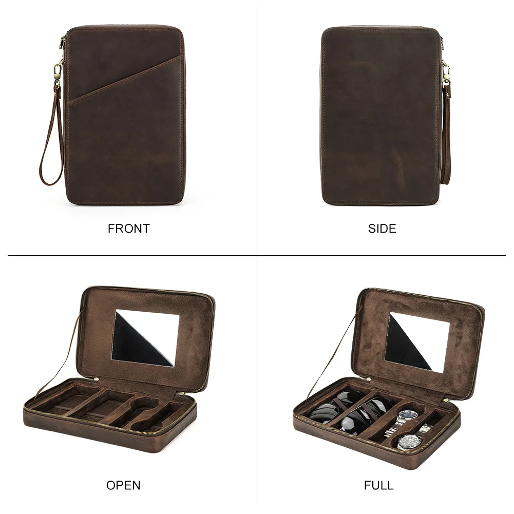 Handmade Leather Watch Flasses Box Organizer with Mirror Sunglasses Case Travel Storage Display Portable Pouch Zipper Watch Bag