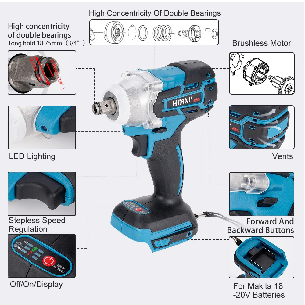 18V 520Nm Brushless Cordless Electric Impact Wrench Rechargeable 1/2 Wrench For Makita 18V Battery+Wrench Socket+3000mAh Battery