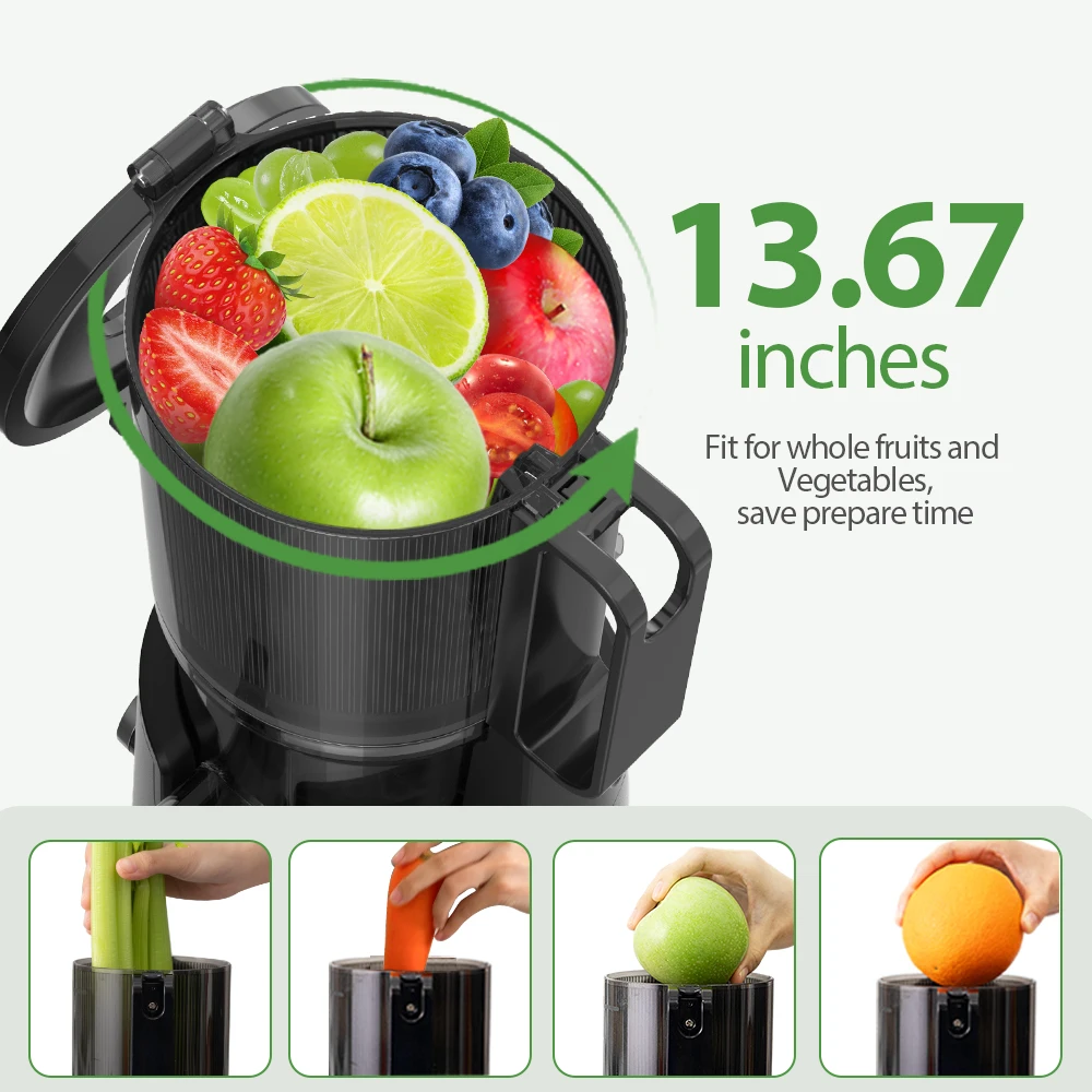 Wyciskarka wolnoobrotowa, wyciskarka do owoców i warzyw z szerokim otworem 13,5 cm, samozasysająca, o wysokiej wydajności wyciskania soku