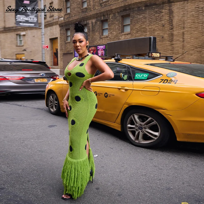 Seksowna czarna sukienka maxi z dzianiny w kropki, damska, prześwitująca, bez rękawów, z wycięciami, nowa sukienka na imprezę dla kobiet, 2025