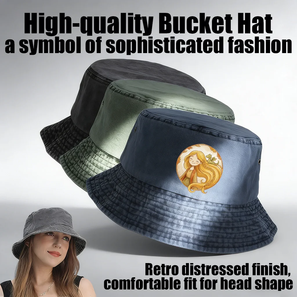 Vintage Distressed Washed Fisherman Hat with Cool Print, Lightweight And Breathable, Multiple Colors Available, Fashionable Casu