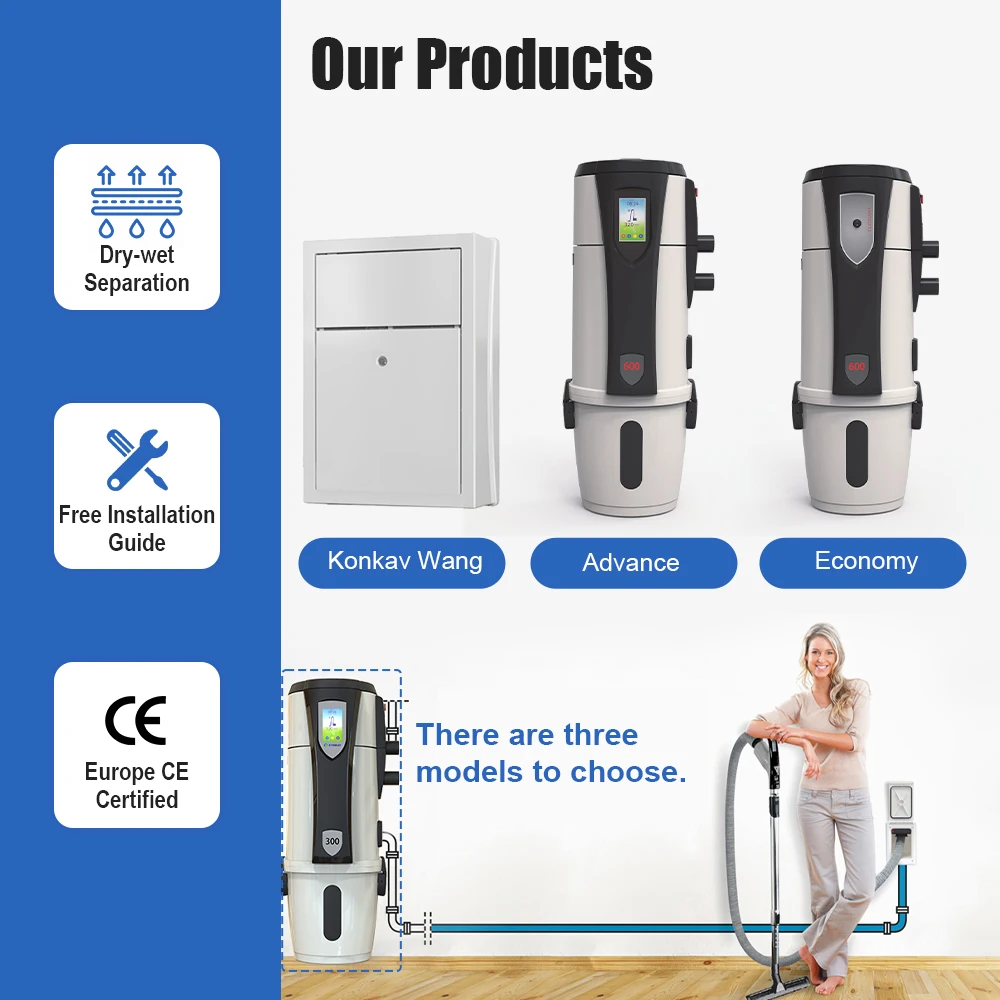 Industrial Central Vacuum Cleaner Electric Bagless Household & Hotel Use Wet/Dry 200AW Suction Power OLED Display