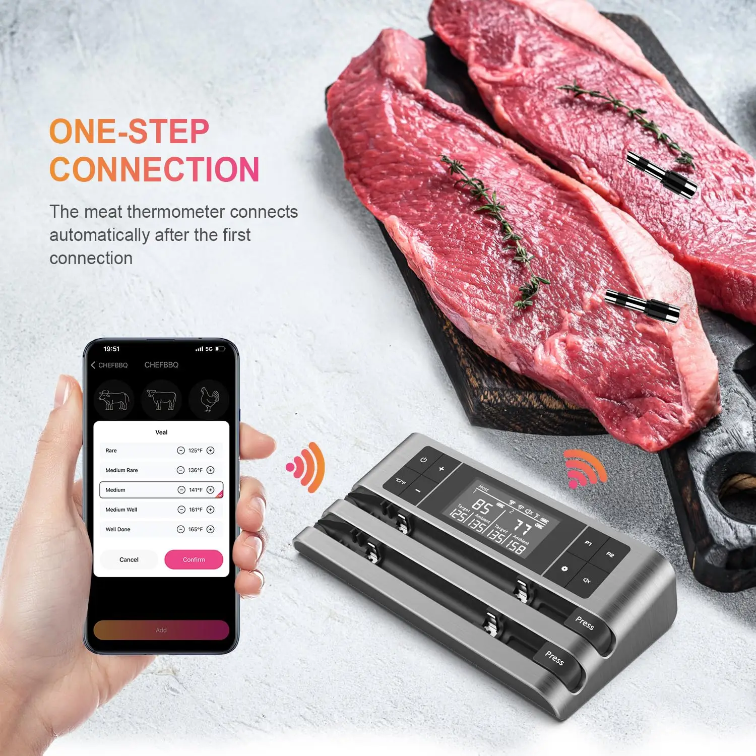 Wireless Smart Meat Thermometer with Dual-Sensor Probe, 500FT Remote Monitoring, Dedicated App, Real-Time Ambient and Food