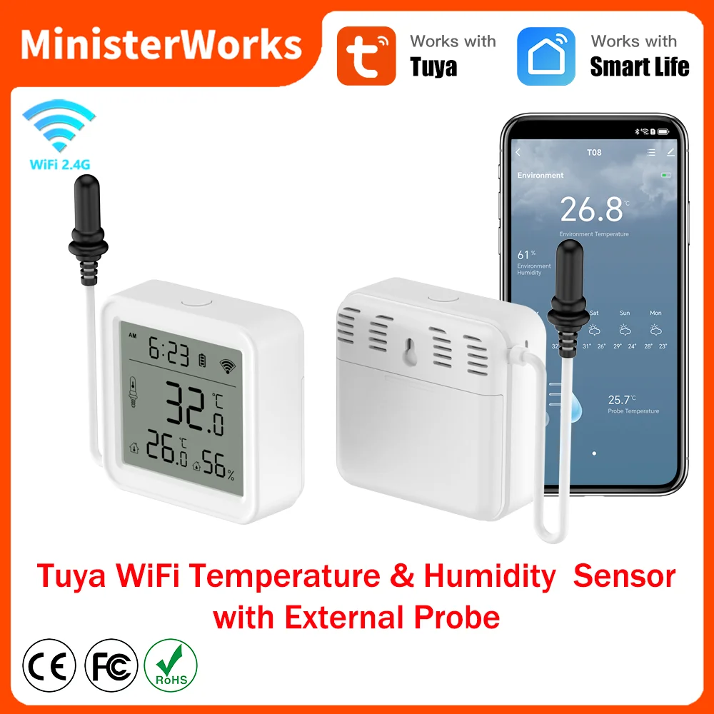 Tuya WiFi مستشعر درجة الحرارة والرطوبة مع مسبار خارجي لتطبيق الحياة الذكية المراقبة عن بعد للنباتات حوض السمك النبيذ ﻿