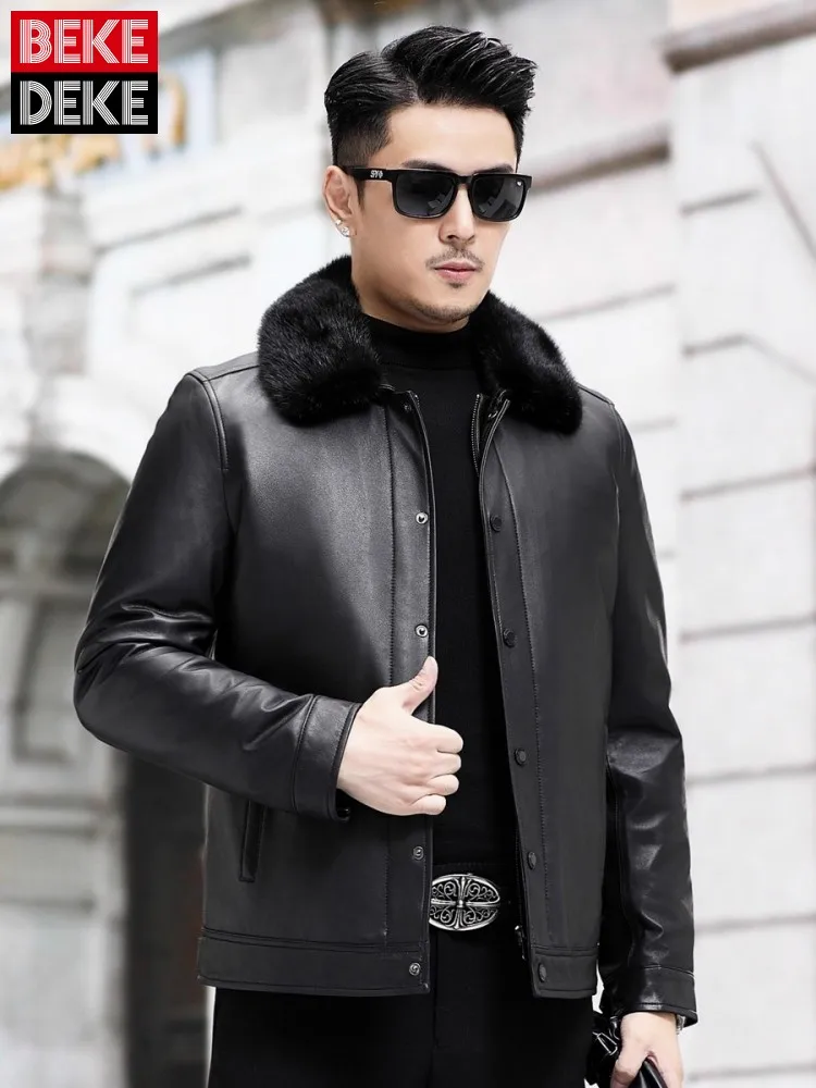 

Business Casual Mens Real Fur Detachable Mink Fur Collar Streetwear Short Coat Winter Warm Fox Fur Lining Genuine Leather Jacket