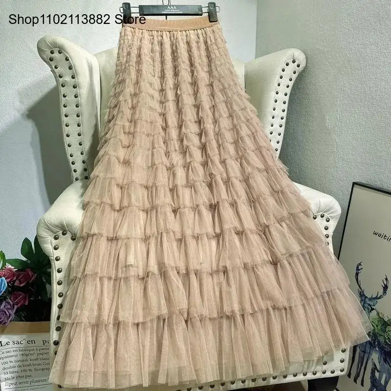 Pleated High Waist Fluffy Maxi Skirt Fairy Cake Dress Long Tutu Party Skirt Summer Spring Women Multilayer Ruffles Tulle Skirt
